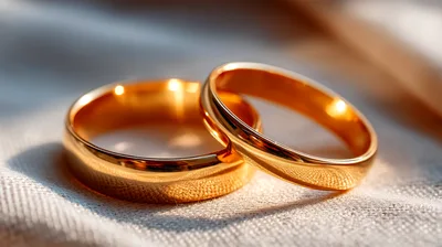 Two Golden Wedding Rings Resting On Textured Fabric