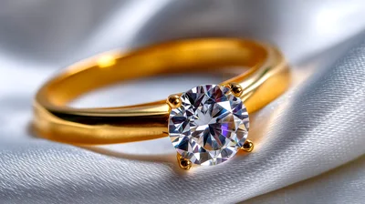 Gold Diamond Engagement Ring On White Silk Fabric