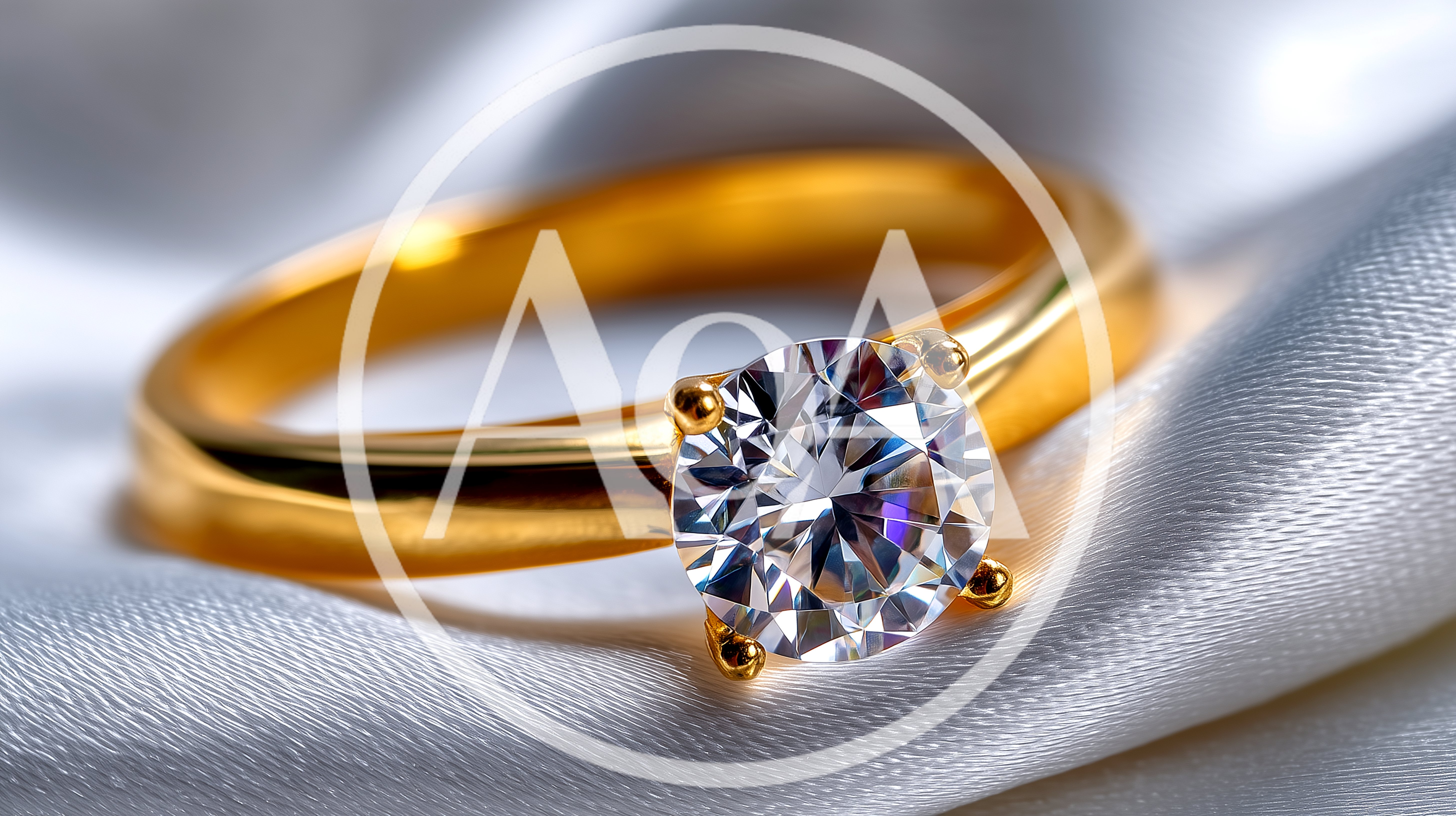 Gold Diamond Engagement Ring On White Silk Fabric