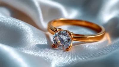 Gold Diamond Engagement Ring on White Silk Fabric
