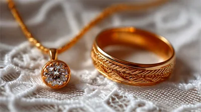Gold Diamond Pendant Necklace And Engraved Wedding Ring