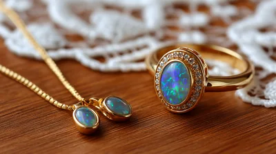 Gold Opal Ring And Matching Pendant Necklace Set