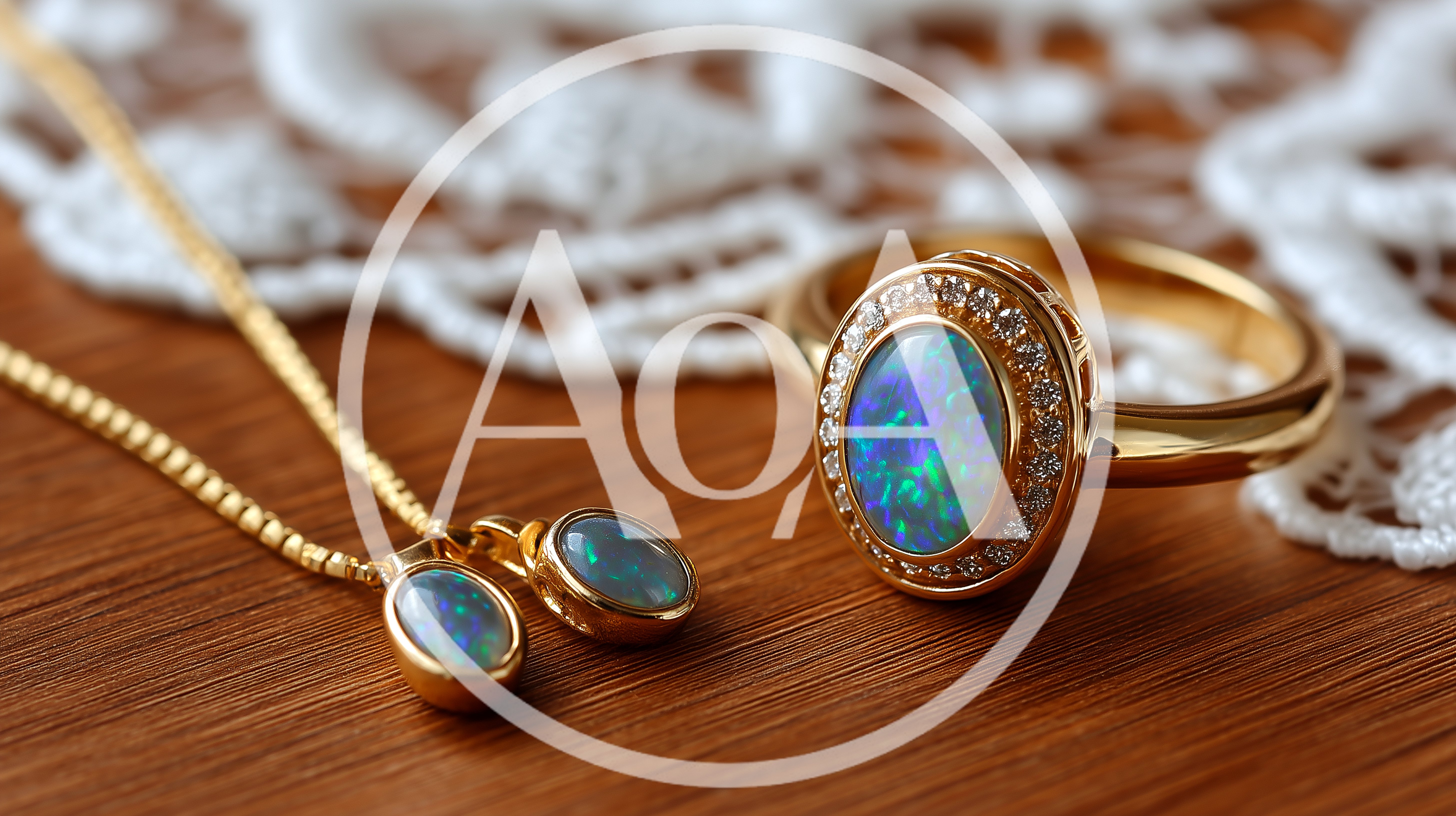 Gold Opal Ring And Matching Pendant Necklace Set