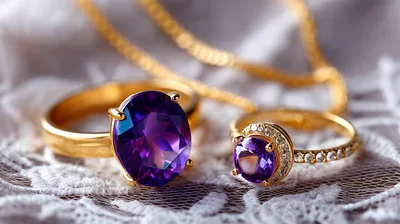Two Gold Amethyst Rings On White Lace Fabric