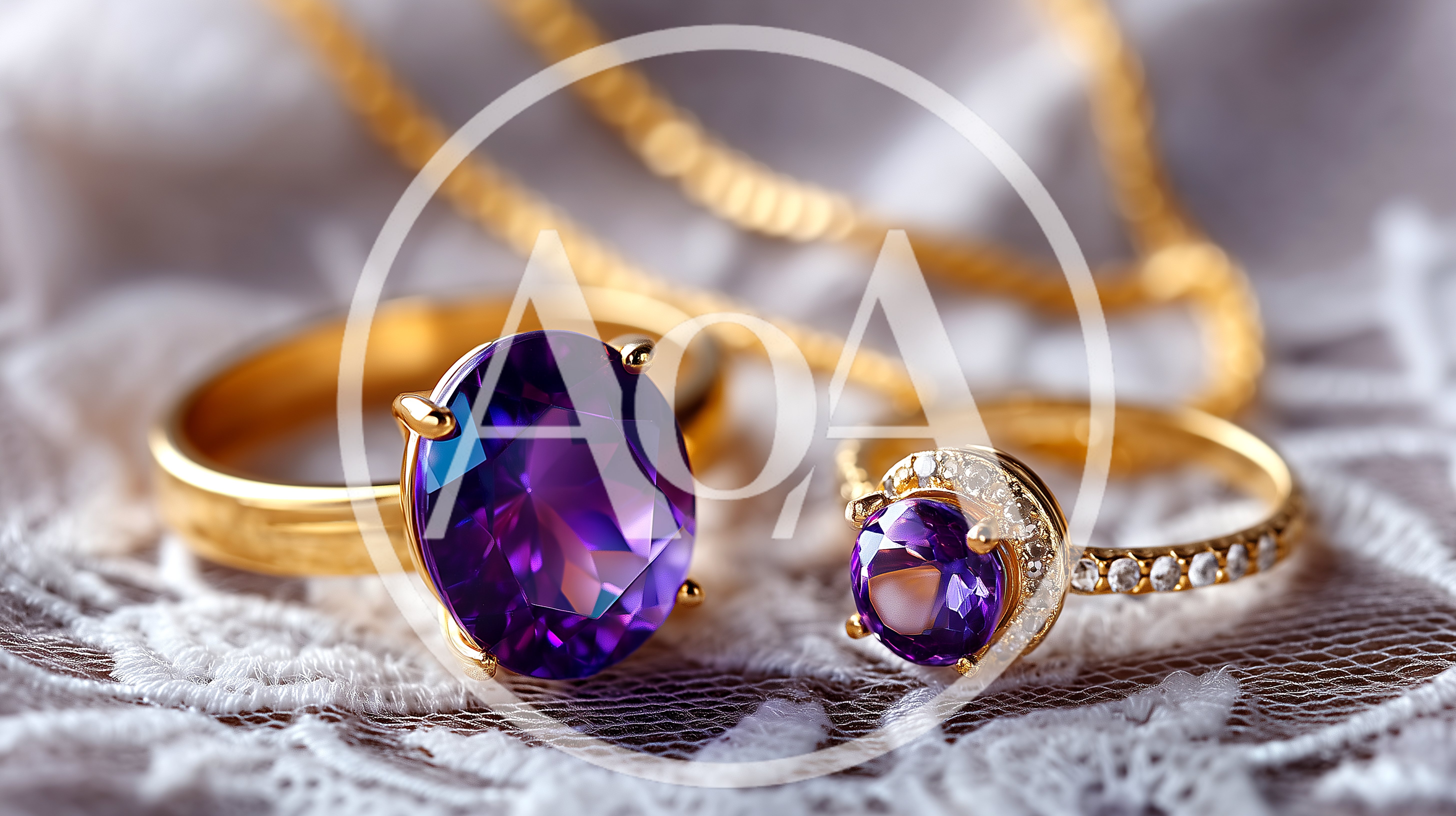 Two Gold Amethyst Rings On White Lace Fabric