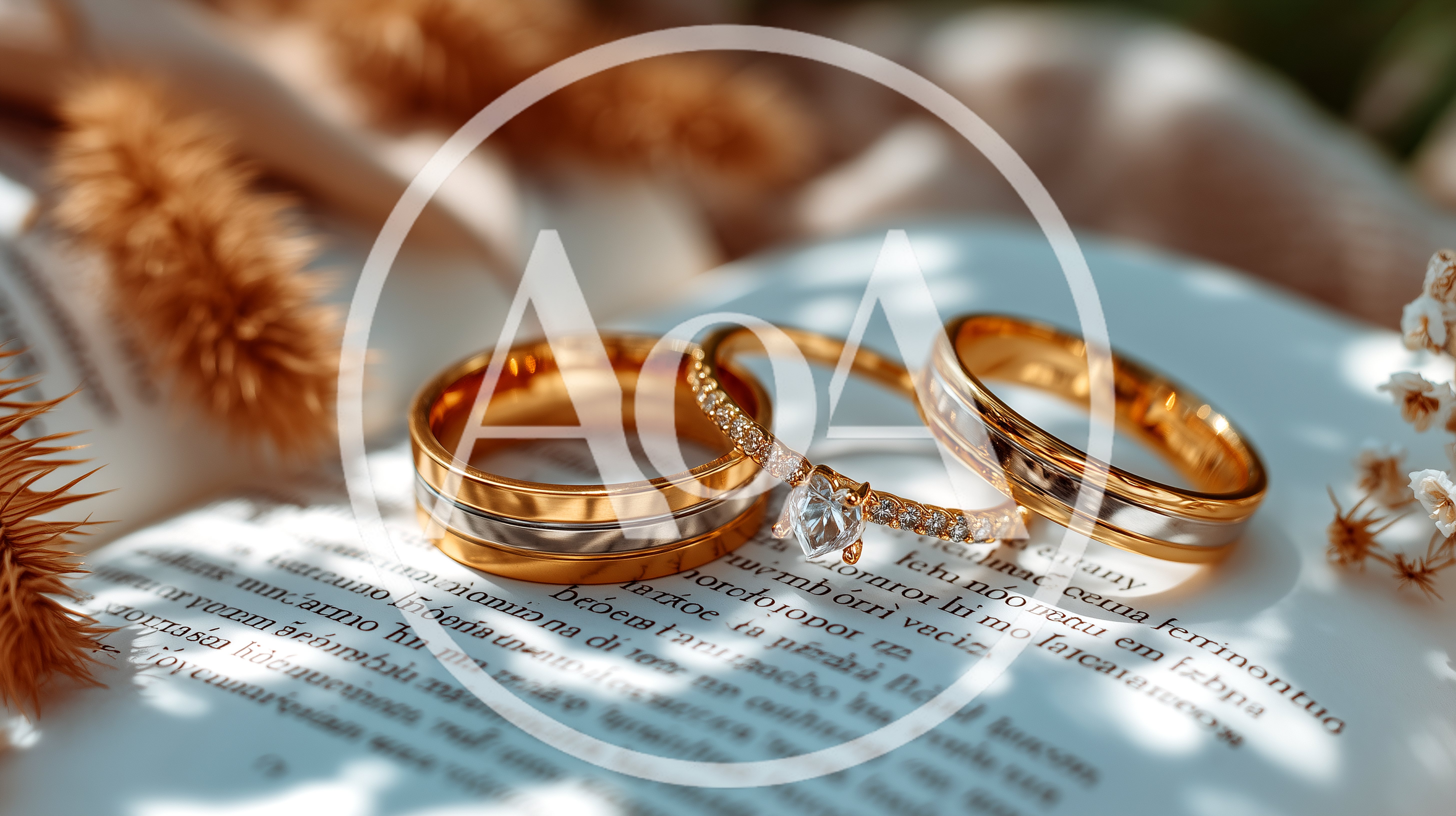 Three Gold Wedding Rings Resting On An Open Book