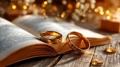 Two Gold Wedding Rings Resting On An Open Book