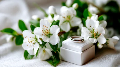 Wedding Ring On A White Box With Apple Blossoms