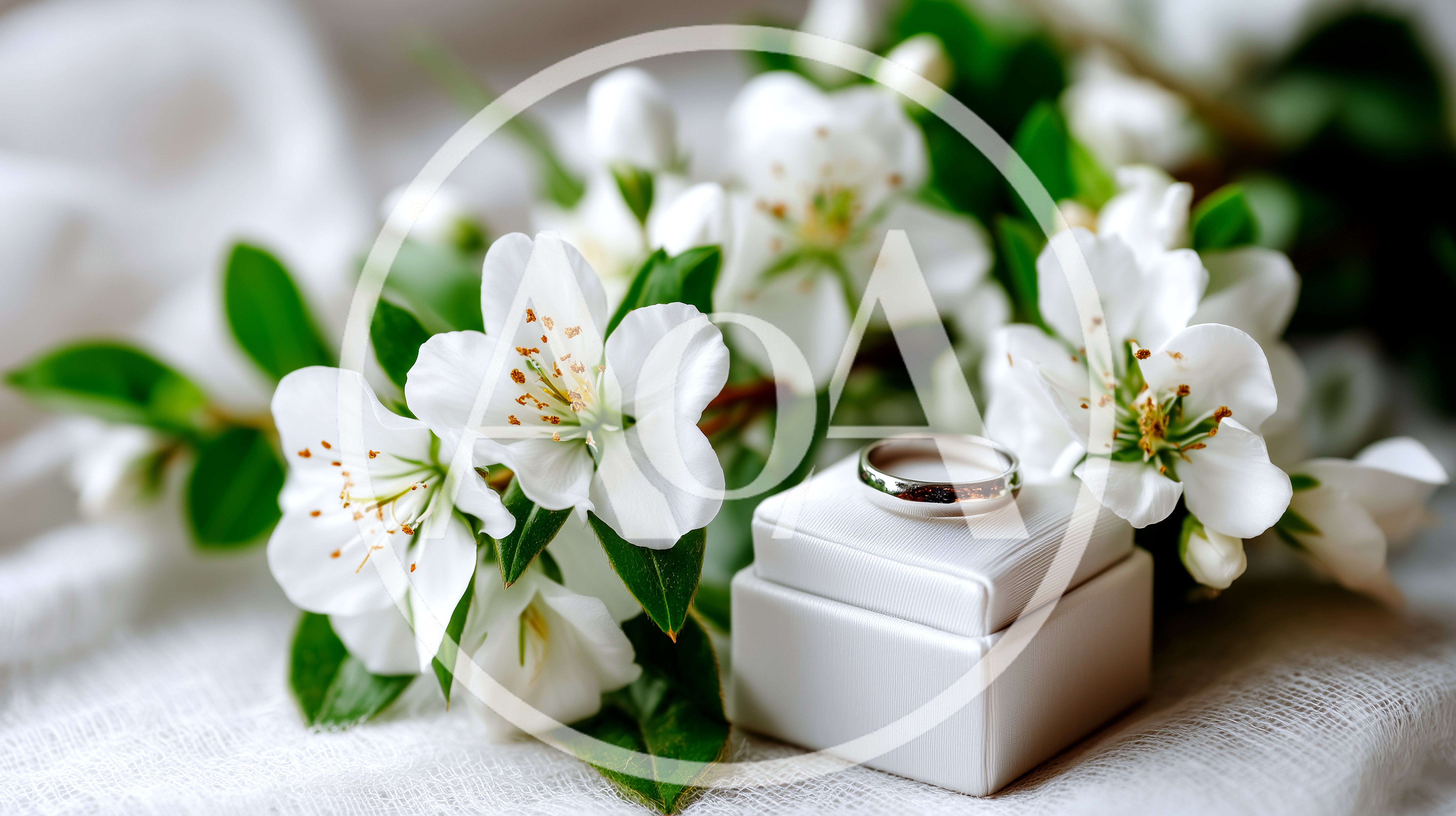Wedding Ring On A White Box With Apple Blossoms