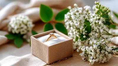 Engagement Ring In A Gift Box With White Flowers