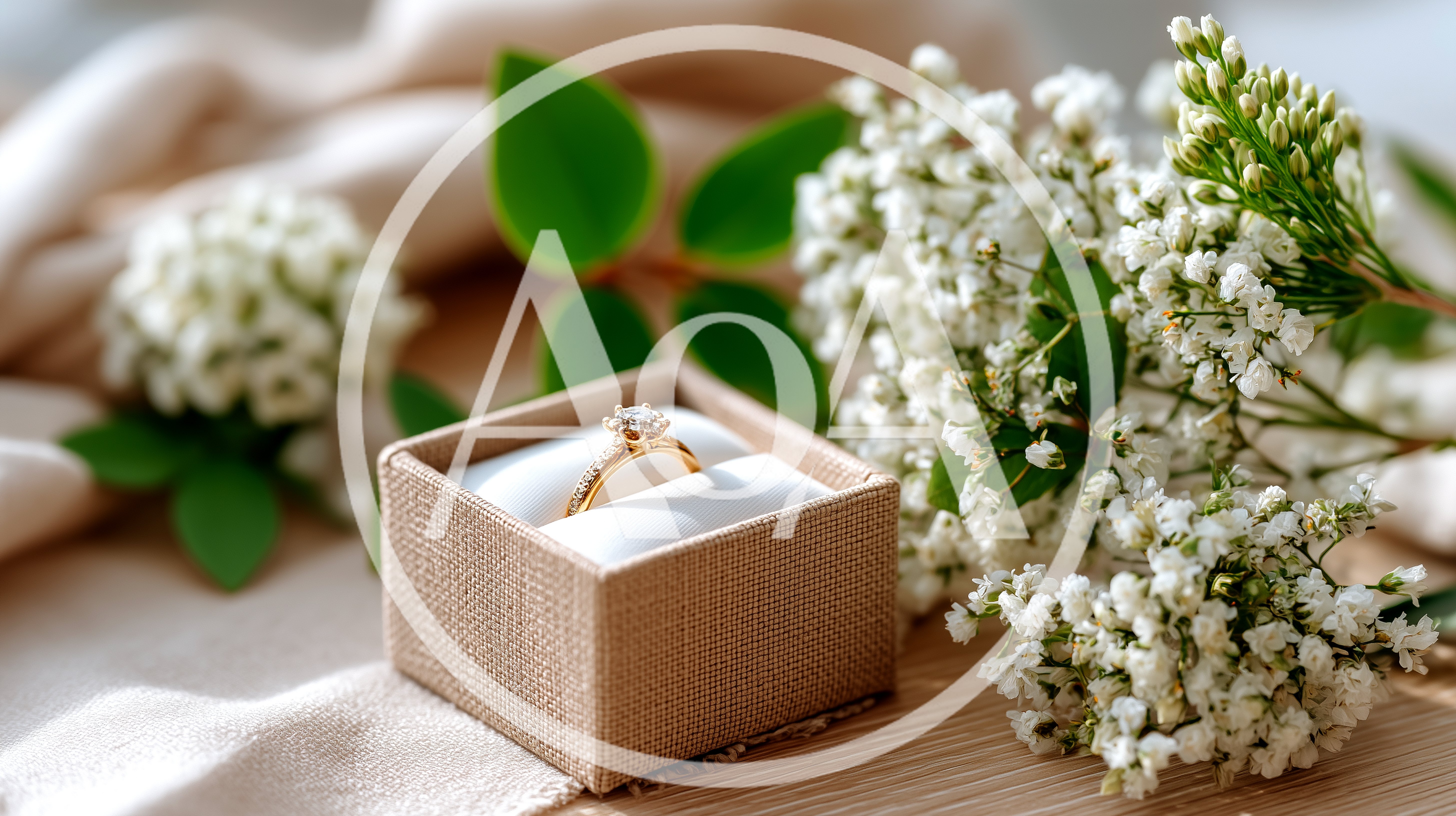 Engagement Ring In A Gift Box With White Flowers