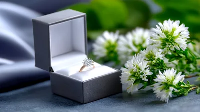 Diamond Engagement Ring In A Grey Box With Flowers