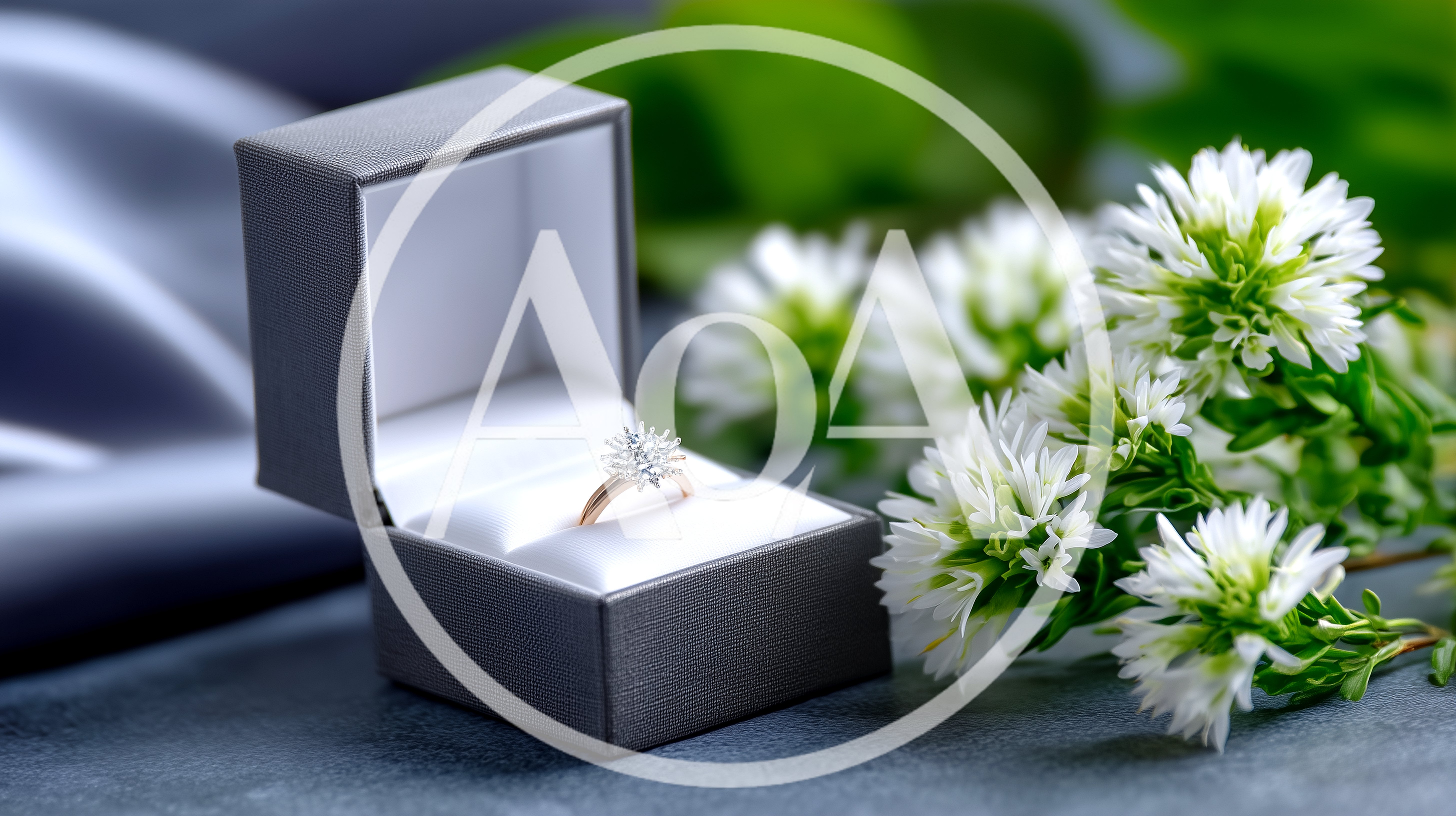 Diamond Engagement Ring In A Grey Box With Flowers