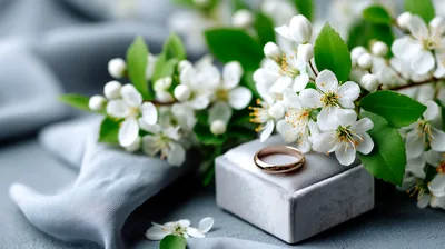 Gold Wedding Ring On Velvet Box With White Blossoms