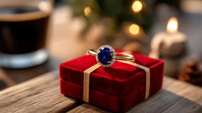Blue Sapphire Engagement Ring On Red Velvet Box