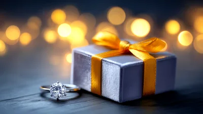 Diamond Engagement Ring Beside A Gift Box