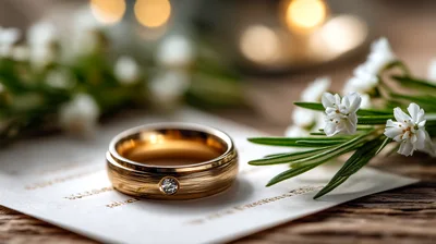 Gold Wedding Ring With Diamond On Paper