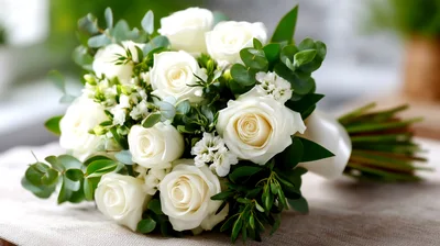 Elegant White Rose Wedding Bouquet With Eucalyptus Greenery