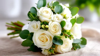 Elegant White Rose Wedding Bouquet With Eucalyptus