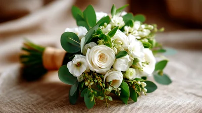 Elegant White Rose Wedding Bouquet on Burlap Fabric