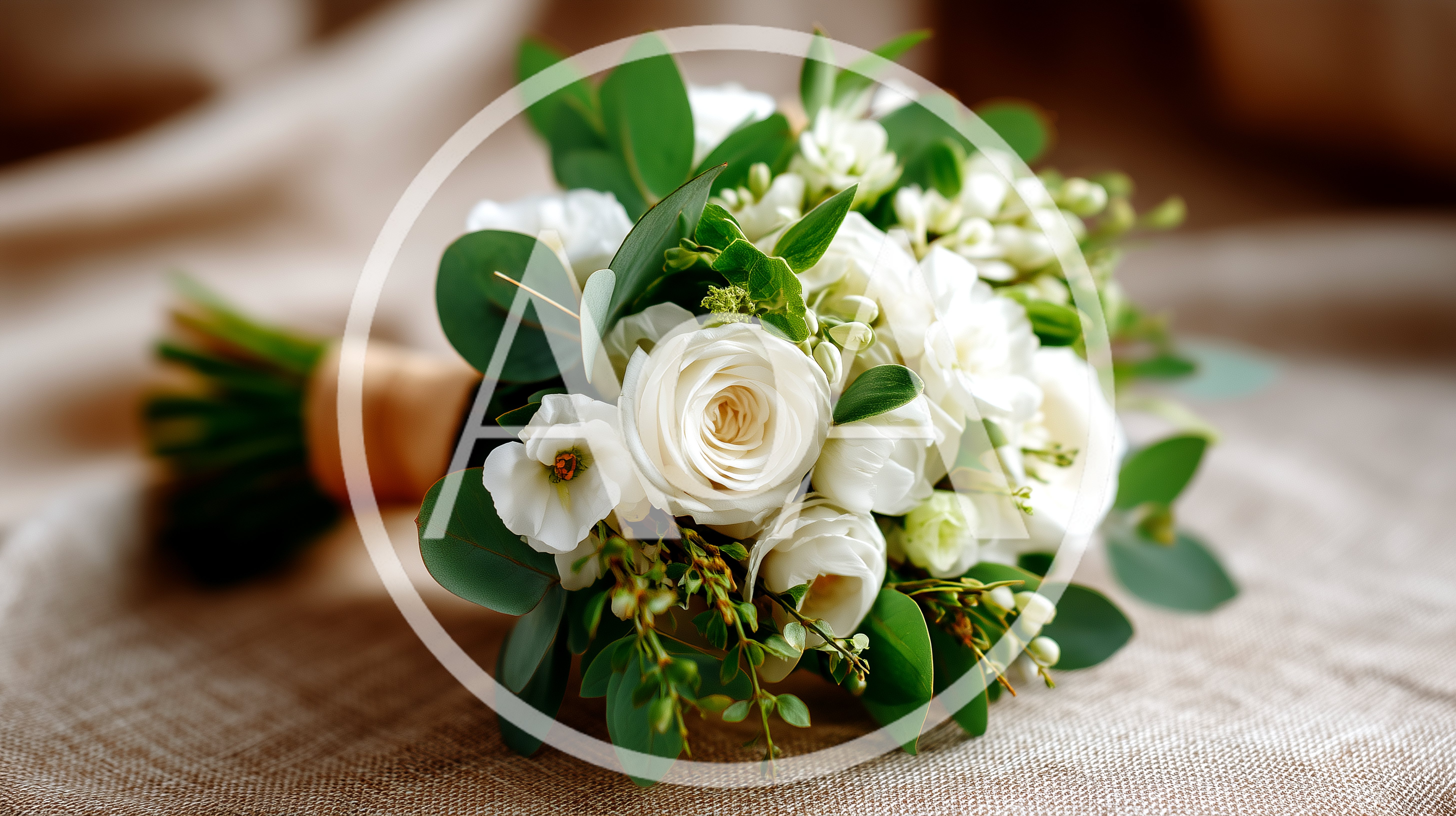 Elegant White Rose Wedding Bouquet on Burlap Fabric