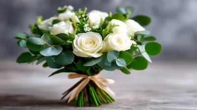 Elegant White Rose Bouquet With Eucalyptus Leaves