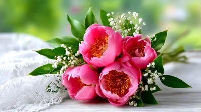 Pink Peony Bouquet With Baby Breath On Lace