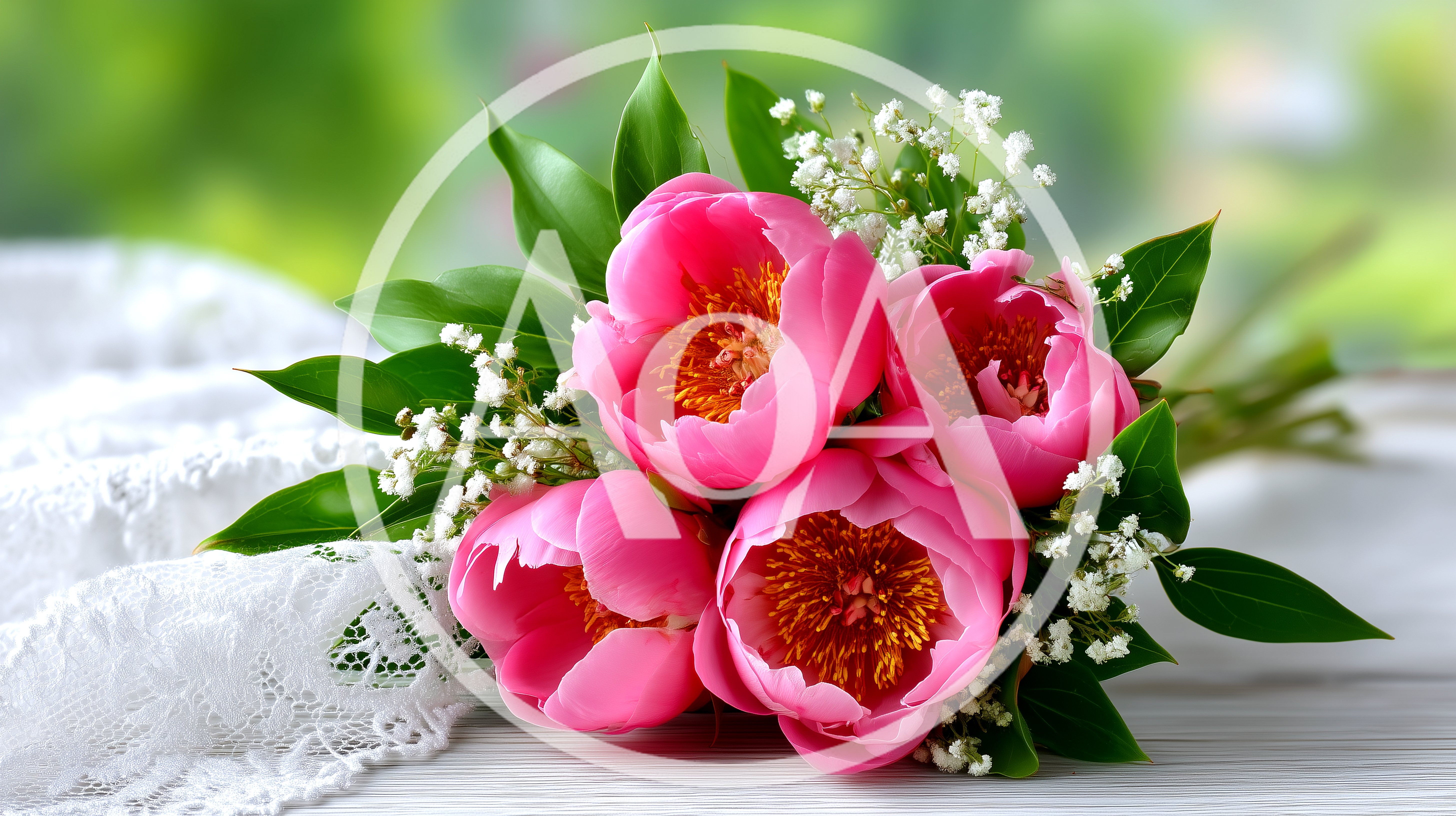 Pink Peony Bouquet With Baby Breath On Lace