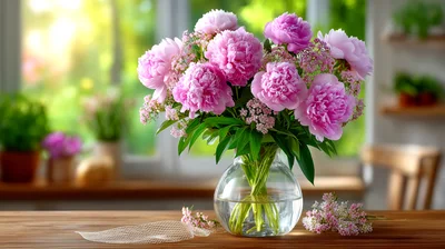 Pink Peony Bouquet In Glass Vase