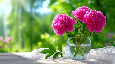 Pink Peony Flowers In A Glass Vase