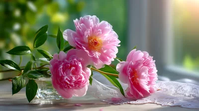 Pink Peony Flowers In A Glass Vase