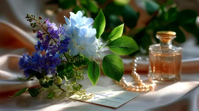 Elegant Still Life With Flowers Perfume And Pearls