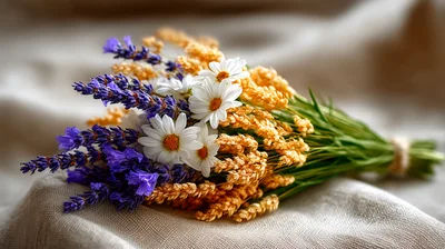 Bouquet Of Lavender Daisies And Wheat Stalks