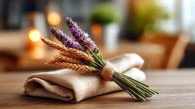 Lavender and Wheat Bouquet on Linen Napkin