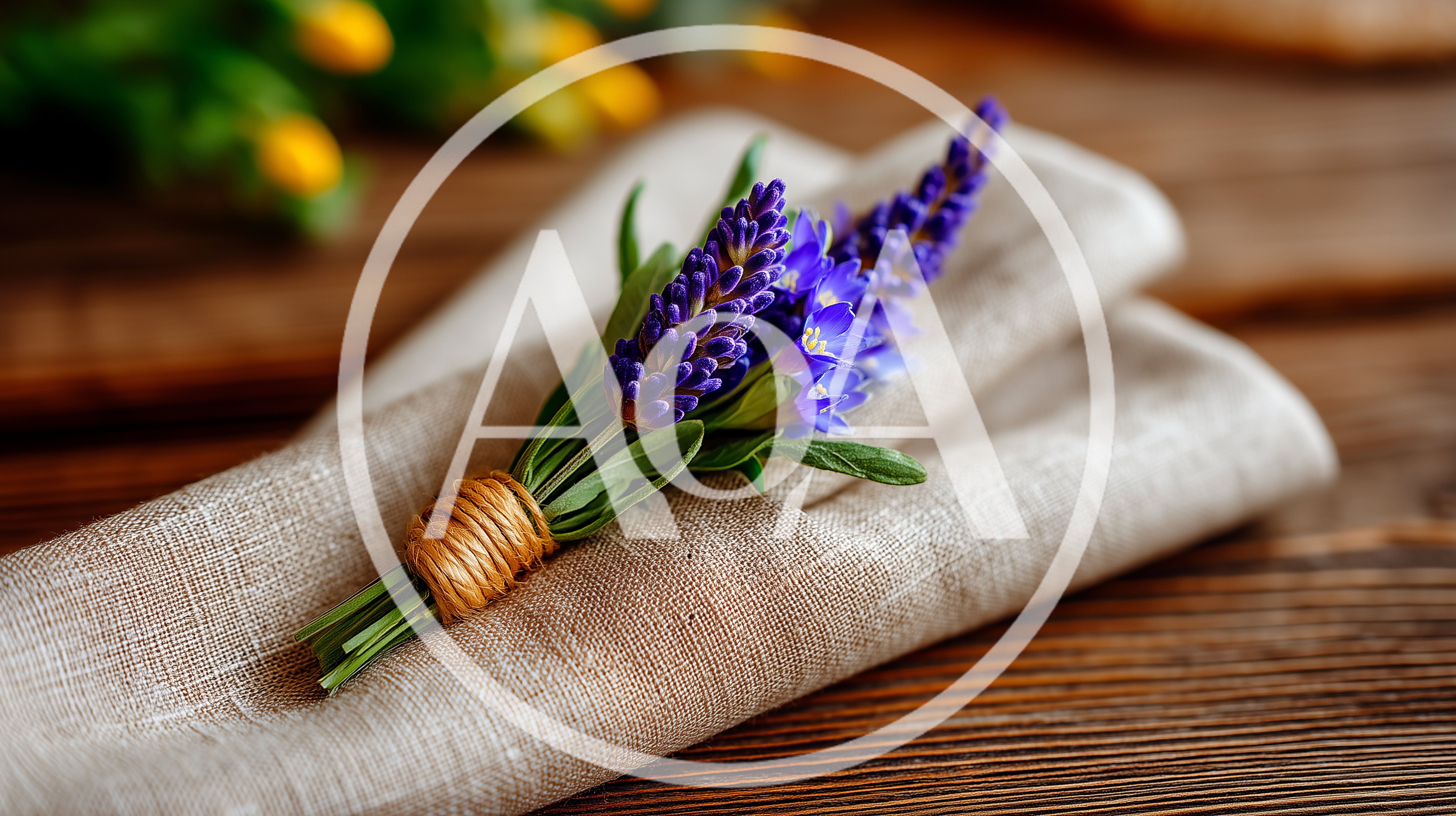 Lavender Sprig Tied With Twine On Linen Napkin