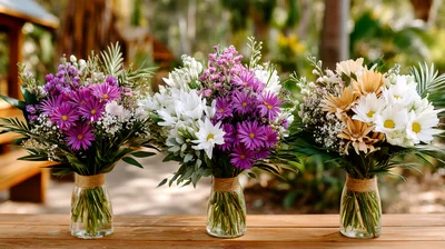 Three Floral Bouquets In Glass Vases On Wooden Table