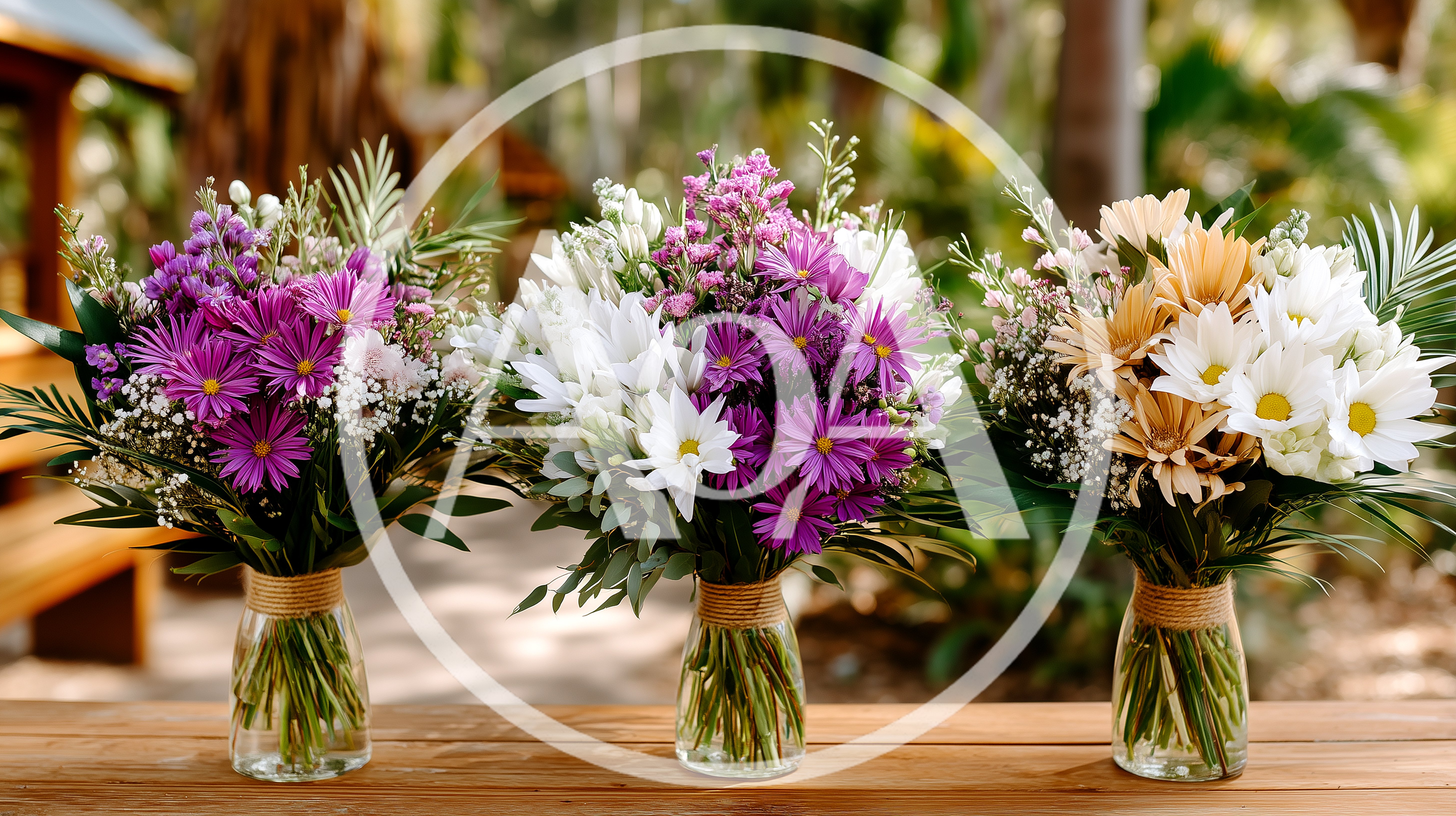 Three Floral Bouquets In Glass Vases On Wooden Table
