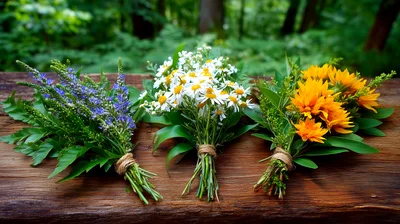 Three Wildflower Bouquets Arranged On A Rustic Wooden Surface