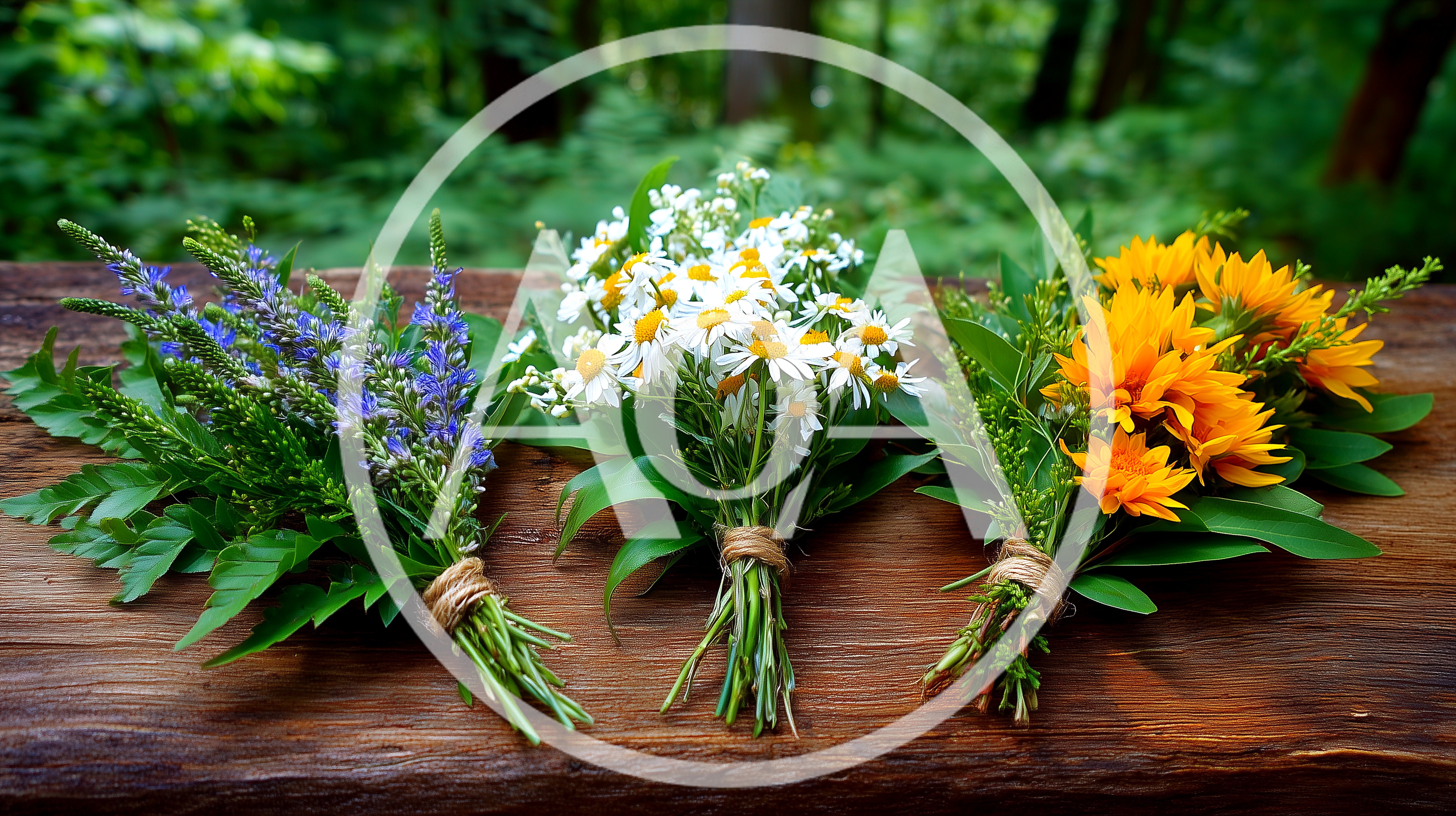 Three Wildflower Bouquets Arranged On A Rustic Wooden Surface