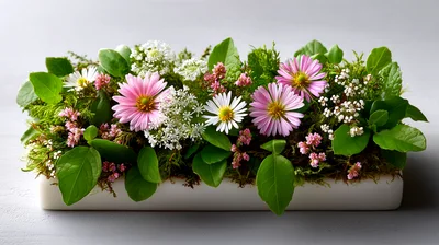 Floral Arrangement In A Rectangular White Planter