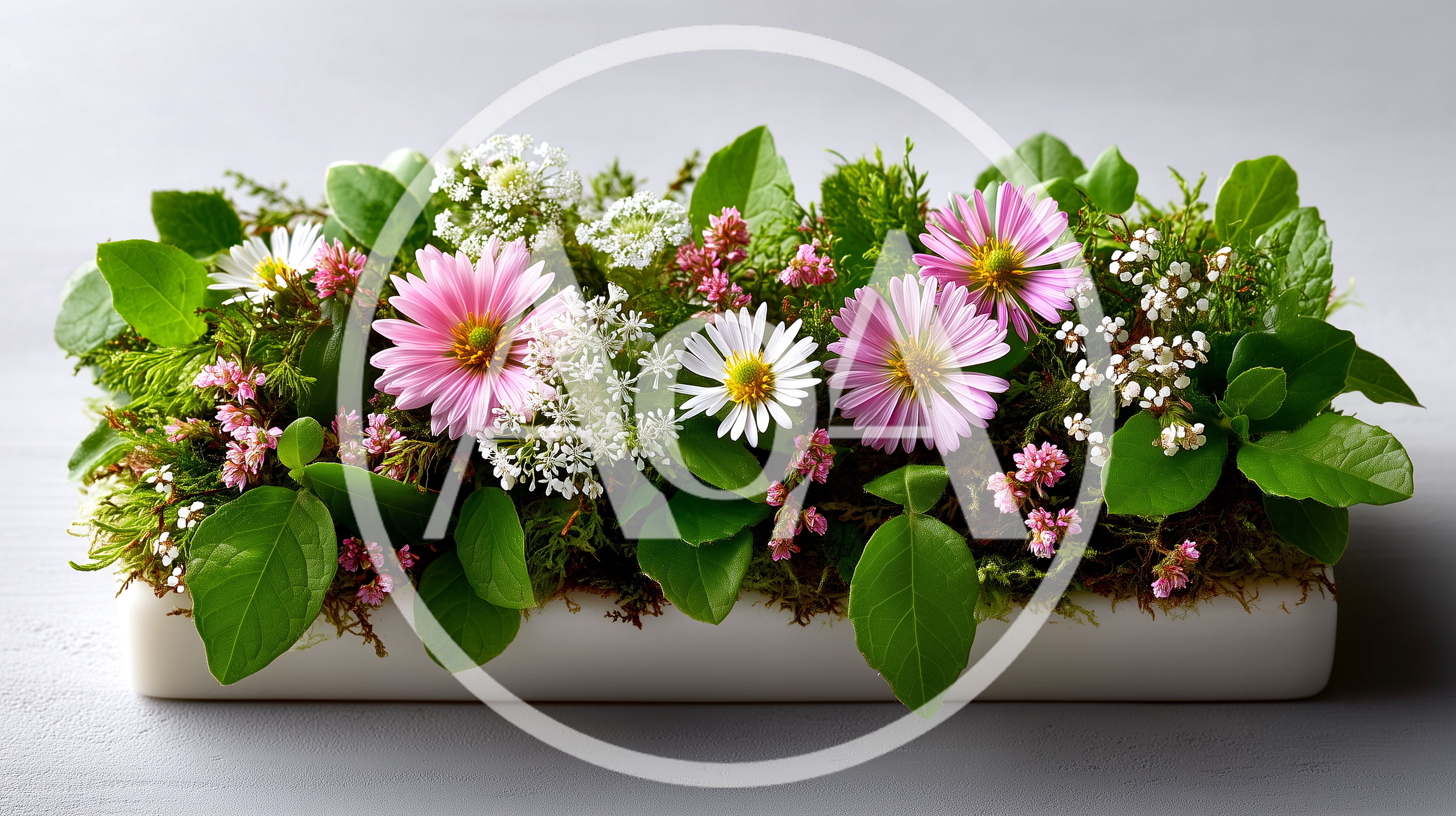 Floral Arrangement In A Rectangular White Planter