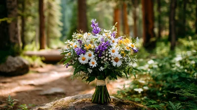 Wildflower Wedding Bouquet Resting On Forest Rock