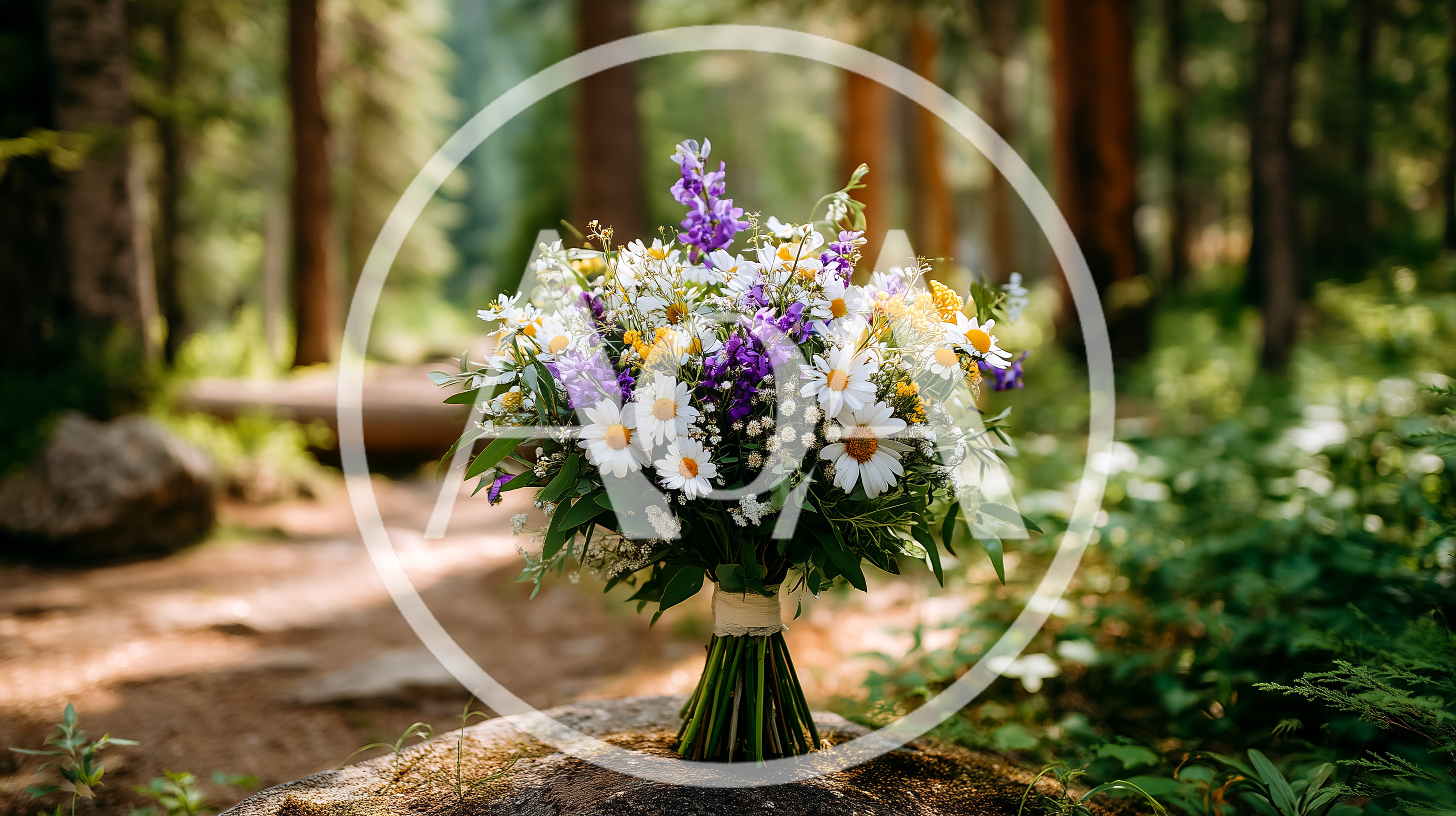 Wildflower Wedding Bouquet Resting On Forest Rock