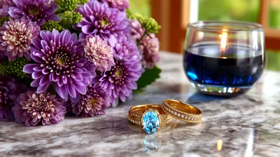 Wedding Rings With Purple Flowers And Blue Candle