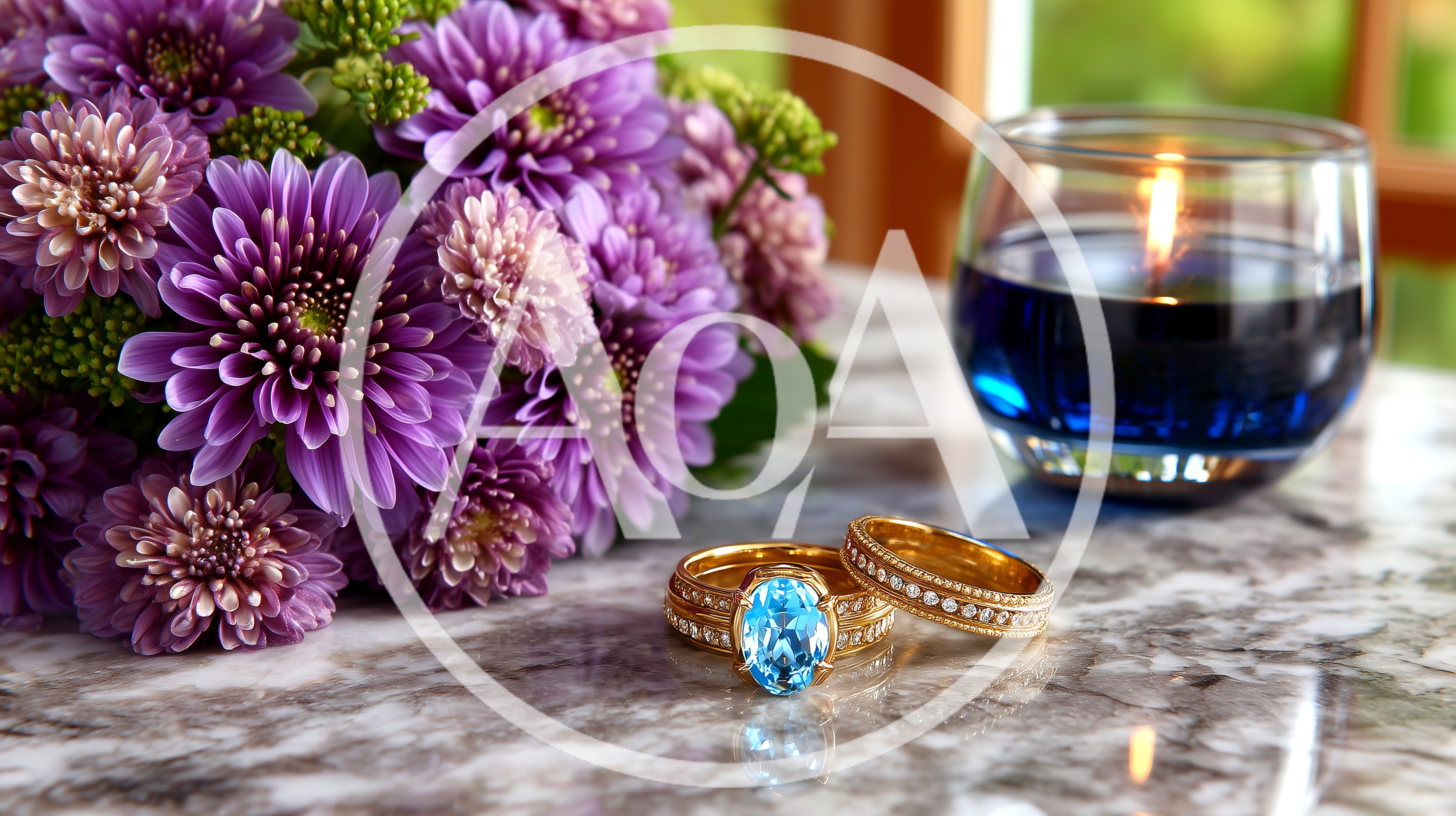 Wedding Rings With Purple Flowers And Blue Candle