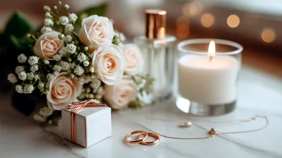 Romantic Wedding Still Life With Rings And Flowers