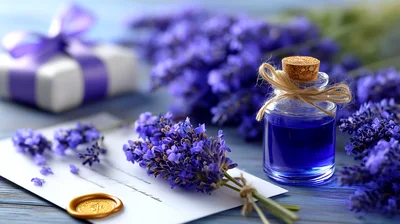 Lavender Essential Oil Bottle With Dried Flowers And Gift