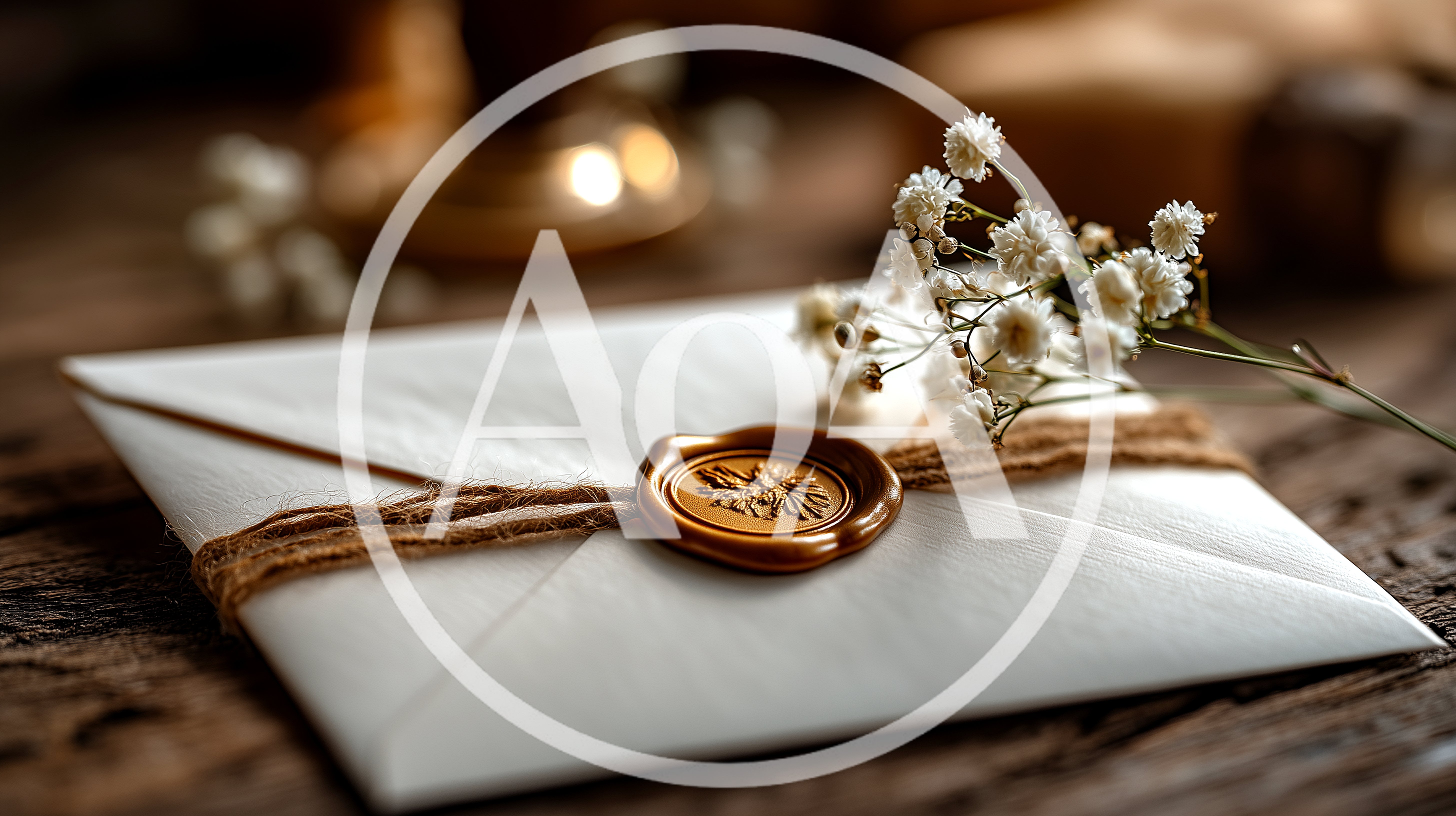 White Envelope With Wax Seal And Baby Breath Flowers