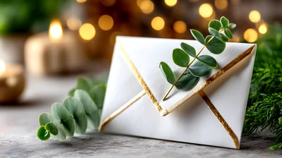White Envelope With Gold Trim And Eucalyptus Sprig