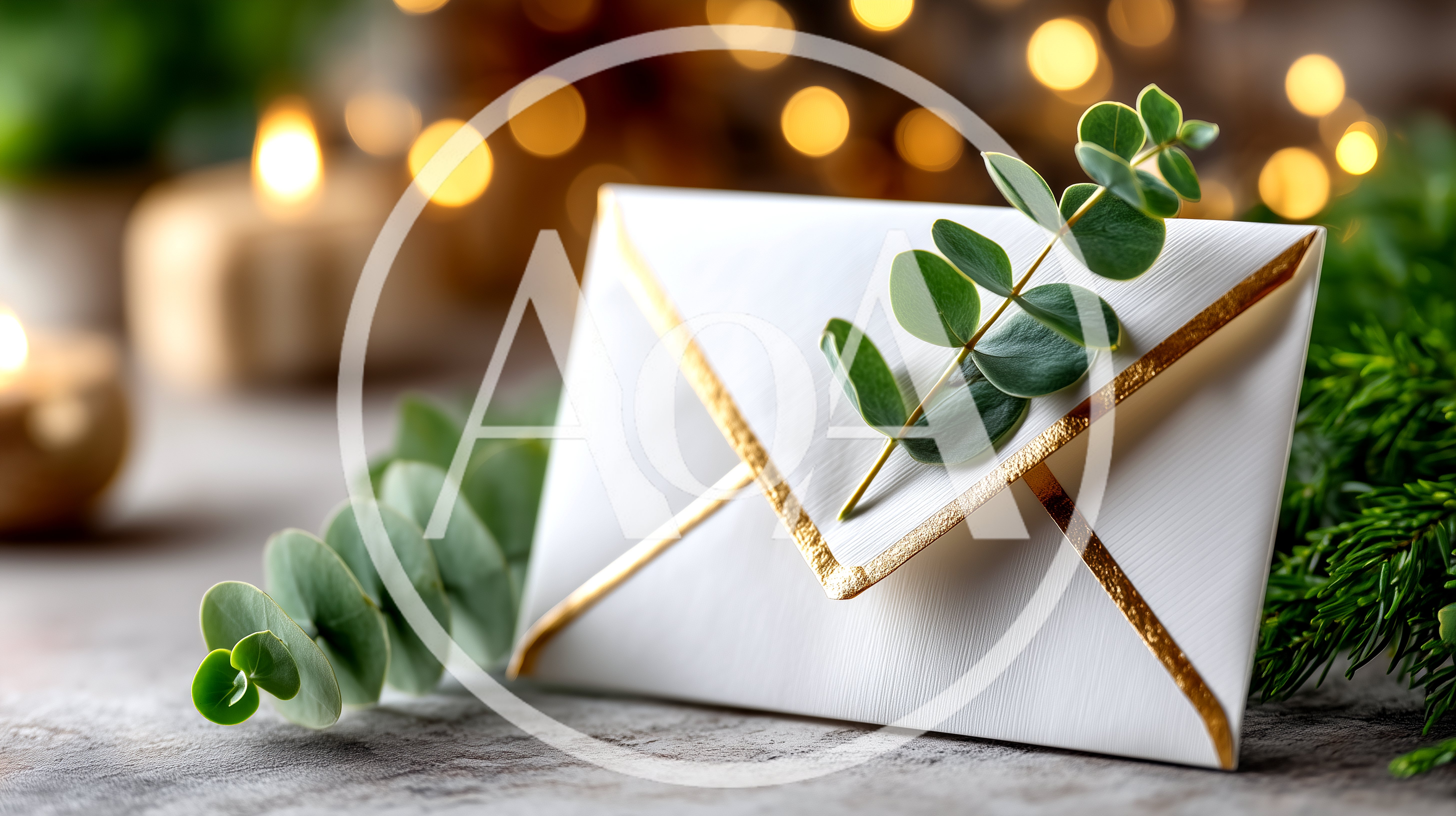 White Envelope With Gold Trim And Eucalyptus Sprig